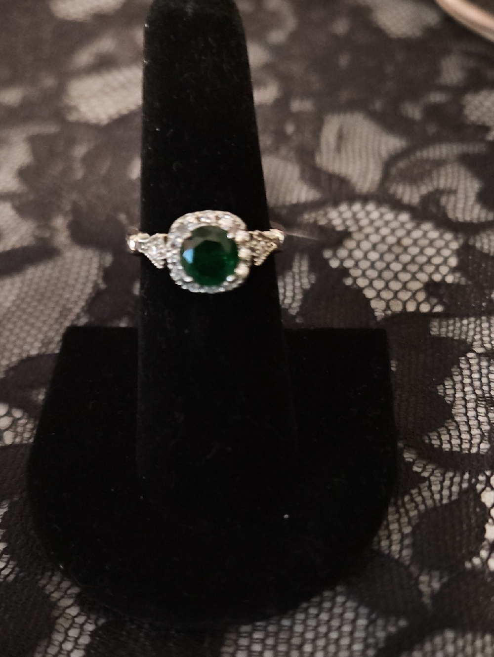 Sterling Emerald Halo Silver Ring - Green Center Stone